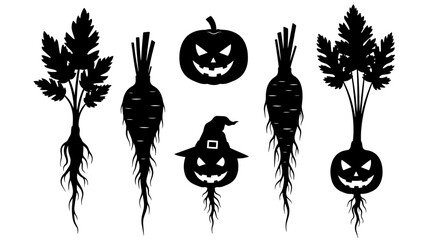 Fototapeta premium Halloween Silhouettes: Carved Jack-o-Lantern Roots and Pumpkin, Spooky Autumn Vegetable Collection