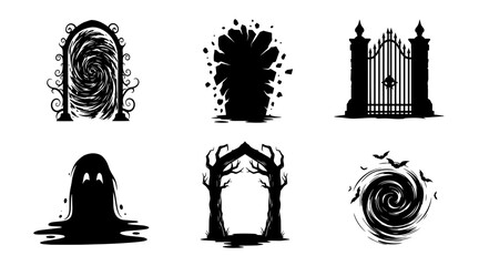 Spooky Halloween Silhouettes: Ghost, Swirl Portal, Haunted Gate, Twisted Trees, and Vortex Elements © MSTSUFIA