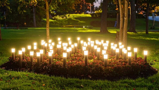 A night view shows glowing lights arranged in a garden bed amidst lush green grass and trees