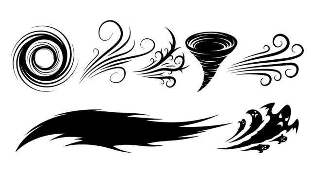 Set of 6 stylized black and white wind and storm icons and illustrations. Includes vortex, tornado, gusts, and abstract streaks.