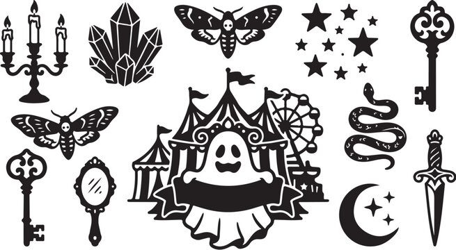 Halloween icons and symbols in black and white