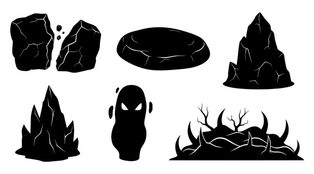 Halloween Silhouette Elements: Spooky Rocks, Ghost, and Gnarled Branches on White Background