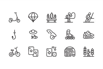 Fototapeta premium Black Outline Recreation Icon Collection Featuring Park, Scooter, Snowmobile, Fishing, Casino and Hiking Concepts