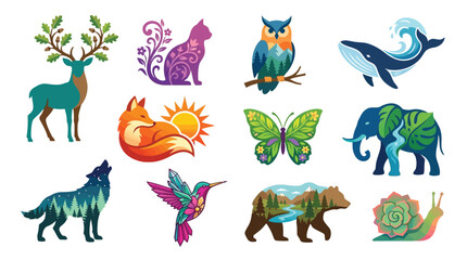 Collection of stylized animals with natural elements integrated into their designs, including a deer, cat, owl, whale, fox, butterfly, elephant, wolf, hummingbird, bear, and snail. © tr