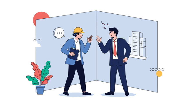 Female architect in a hard hat and a male businessman having a heated argument in front of a blue building blueprint wall.