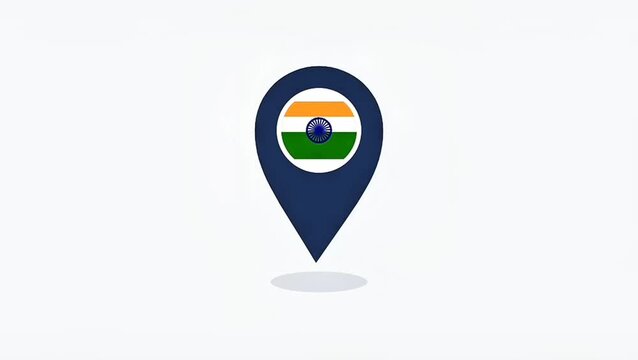 2D animated map pin icon featuring the national flag of India on a white background. Perfect for Asian travel guides, destination marketing, and geography presentation loops.