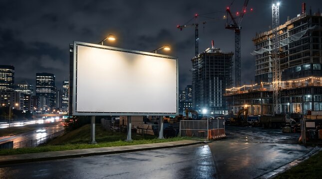 Blank outdoor advertisement billboard by a wet city road at night, showcasing urban development and construction sites illuminated under dark skies