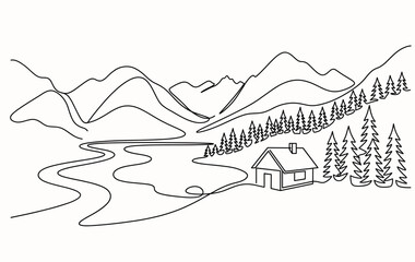 Fototapeta premium Mountain landscape with winding river and cabin house, peaceful nature scenery. Hand drawn line illustration