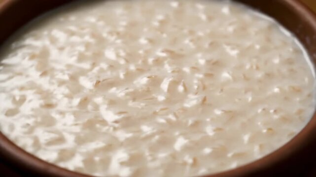 Close-up of creamy cooked oatmeal or porridge in a rustic brown bowl. rich texture of comforting hot cereal for a healthy breakfast or snack.