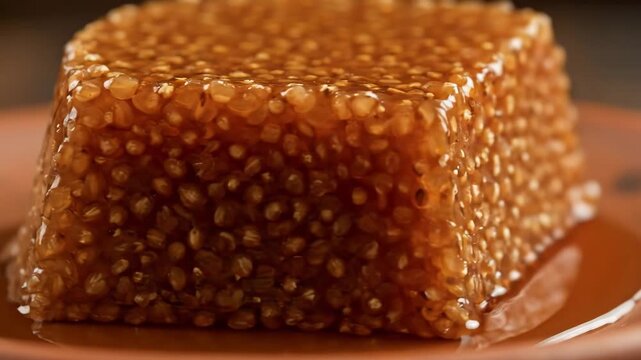 Macro close-up of sagu dessert (tapioca pearls pudding), a traditional brazilian sweet treat with a glossy, amber caramel glaze, showcasing intricate grain texture.