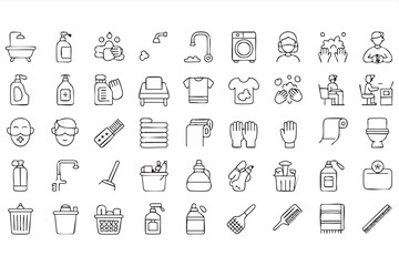 Black Outline Hygiene Icon Collection Featuring Soap, Gloves, Face Mask, Toilet, Towels and Washer Graphics © Icon Nest