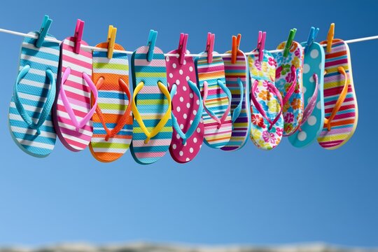 Colorful Summer Banner for Ferragosto with Hanging Flip Flops
