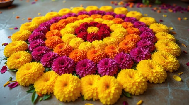Colorful floral rangoli pattern made with yellow orange and purple marigold flower petals for diwali festival celebration on the floor