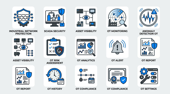 Set of OT and ICS cybersecurity icons for industrial network security monitoring and risk assessment.