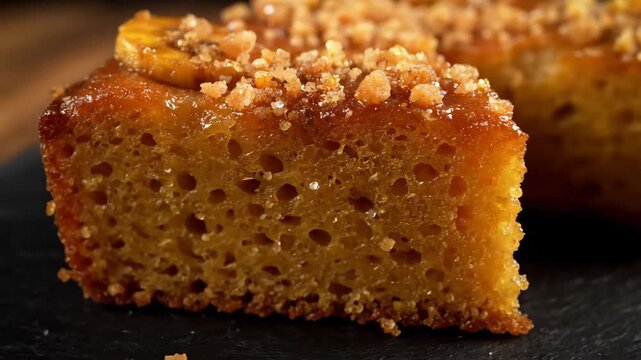 Delicious slice of homemade sticky banana pudding or upside-down cake glazed with caramel syrup and crushed nuts, perfect for dessert menus and food blogs.