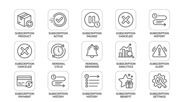 Set of subscription and membership service outline icons for digital platforms.