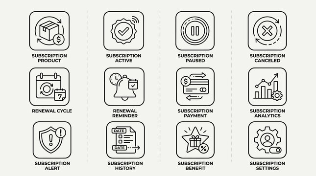 Set of subscription service management icons.