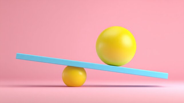 Two yellow spheres of unequal size create an unstable tilt on a light blue fulcrum against a soft pink background