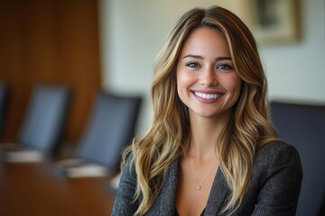 Fototapeta premium Smiling woman with long blonde hair sits in an office and looks at the camera.