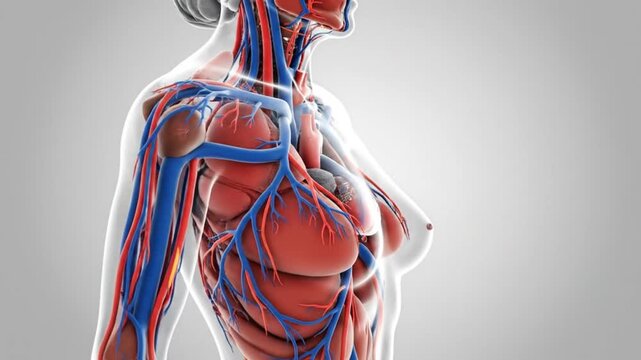Human anatomy illustration shows vascular system with arteries and veins.