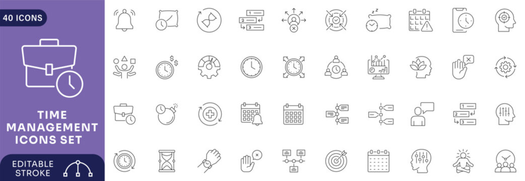 Time management icon set. Containing schedule, to-do list, task, planner, calendar, delegation, reminder set priorities Etc. Editable stroke.