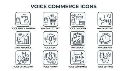 Obraz premium Set of voice commerce icons for online shopping and voice assistant technology.