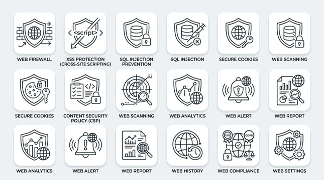 Set of web security and data protection thin line icons.