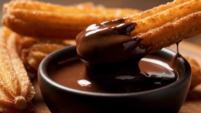 Close-up of fresh, crispy churros dusted with sugar served with a side bowl of rich hot chocolate dipping sauce on a wooden platter. traditional spanish dessert.