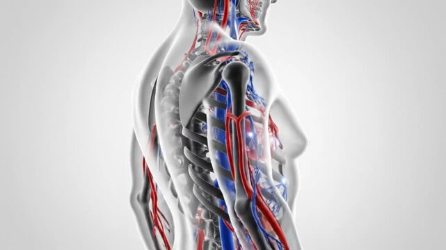 Human body illustration shows internal anatomy with visible veins and muscles