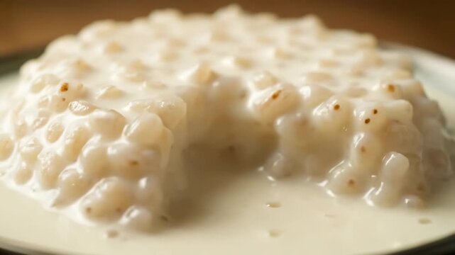 Extreme close-up of creamy rice pudding dessert soaked in sweet milk or custard, showcasing the delicious texture of the classic comfort food dish served on a plate.