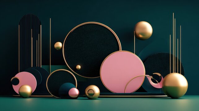 Abstract composition features pink, dark teal, and metallic gold geometric shapes against a deep green background