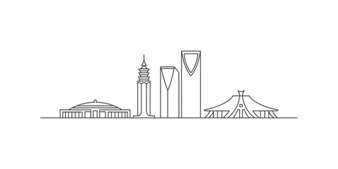 Line drawing of a city skyline with modern buildings and a tent © SR