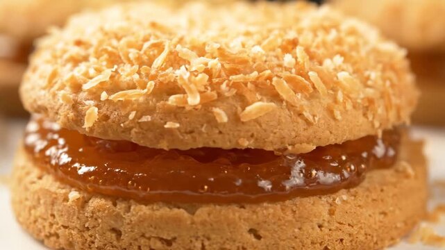 Delicious homemade coconut sandwich cookie filled with glossy fruit jam, presented in a macro close-up view suitable for bakery and dessert concepts.