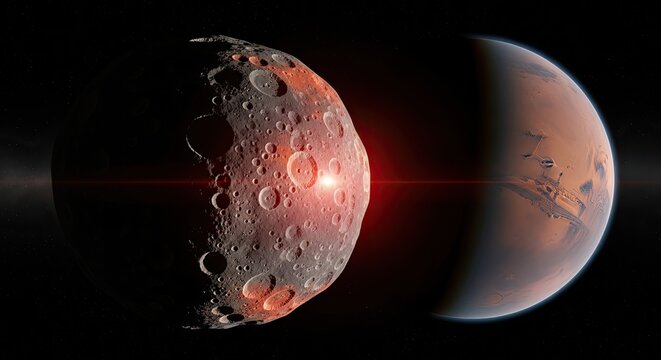 Mars and its moon Phobos in space.