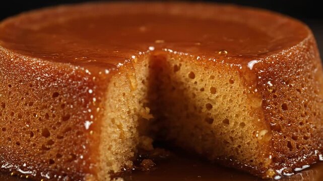 Close-up of sticky toffee pudding doused in glossy caramel sauce, showcasing the rich, moist texture of the sliced dessert, ready to be served as a classic british comfort food.