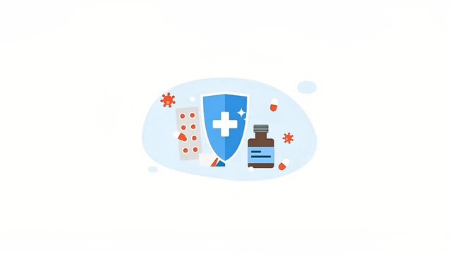 2D animated medical concept of a protective cross shield appearing with medicine bottles and pills. Ideal for immune defense, healthcare safety, and vaccination presentation loops