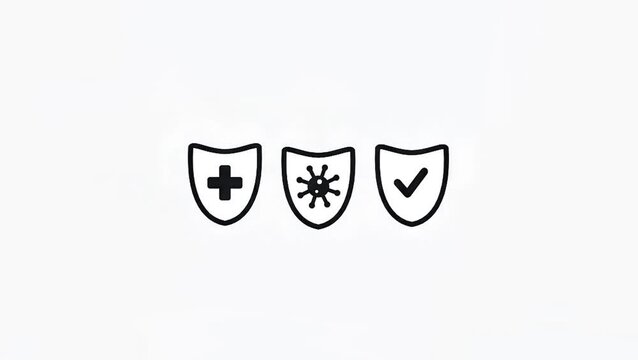Minimalist 2D line art animation of medical defense shields against virus and cells on a white background. Perfect icon loop for immune system, vaccination, and healthcare concepts.