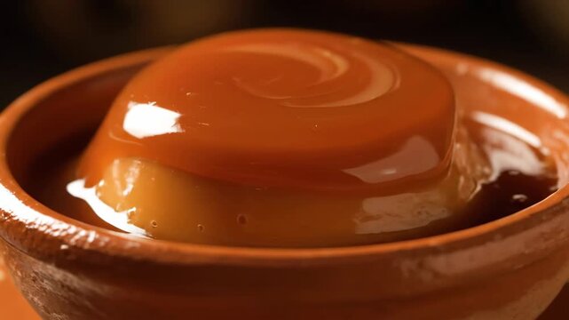 Decadent close-up of glossy caramel flan dessert served in a traditional clay bowl. sweet cr&egrave;me caramel with rich sauce texture on dark backgro