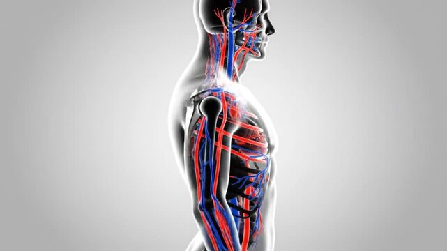 Human body anatomy illustration shows vascular system with red and blue veins and arteries