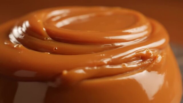 Close-up macro shot of thick, flowing, golden caramel sauce or dulce de leche, showcasing a rich, glossy, and decadent swirling texture for dessert topping and confectionery.