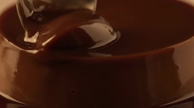 Macro close-up shot of rich, dark brown chocolate pudding or mousse with a glossy, smooth surface, highlighting the decadent texture in moody, cinematic low-key lighting.