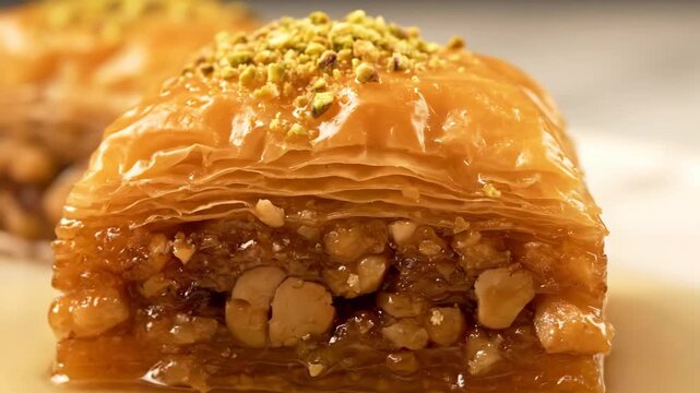 Macro shot of traditional baklava pastry piece. sweet, sticky dessert layered with chopped nuts, drenched in honey syrup, and topped with crushed pistachios.
