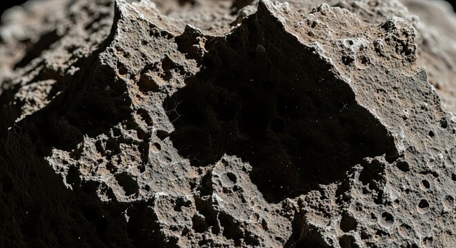 Close-up of a rough, textured asteroid surface with craters and sharp edges.