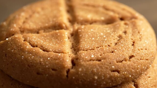 Macro shot detailing the rich, textured surface and sparkling sugar crystals on freshly baked holiday ginger snap cookies.