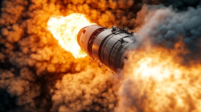 Rocket engine burns with intense fire and smoke during a powerful launch into deep outer space.