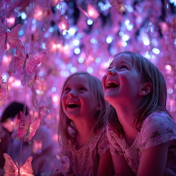 Children look with wonder at the glowing butterflies in a magical forest art installation display.