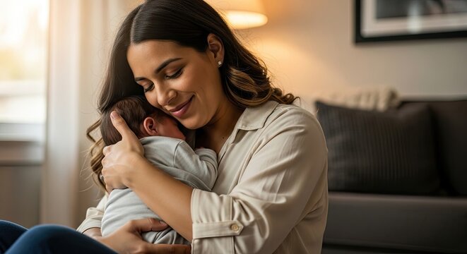 A loving mother tenderly embraces her newborn baby in a warm, indoor setting, capturing a moment of deep connection and maternal affection.