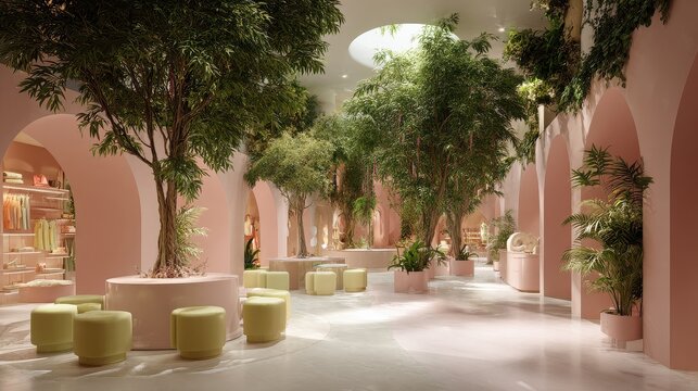 A spacious, bright pink interior with large trees and comfortable pastel seating.