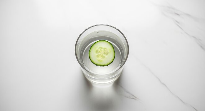 Refreshing Cucumber Water in a Glass on a Marble Surface.
