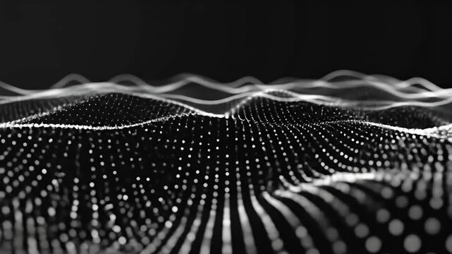 Abstract black & white landscape with wavy, shining, pointillistic surfaces